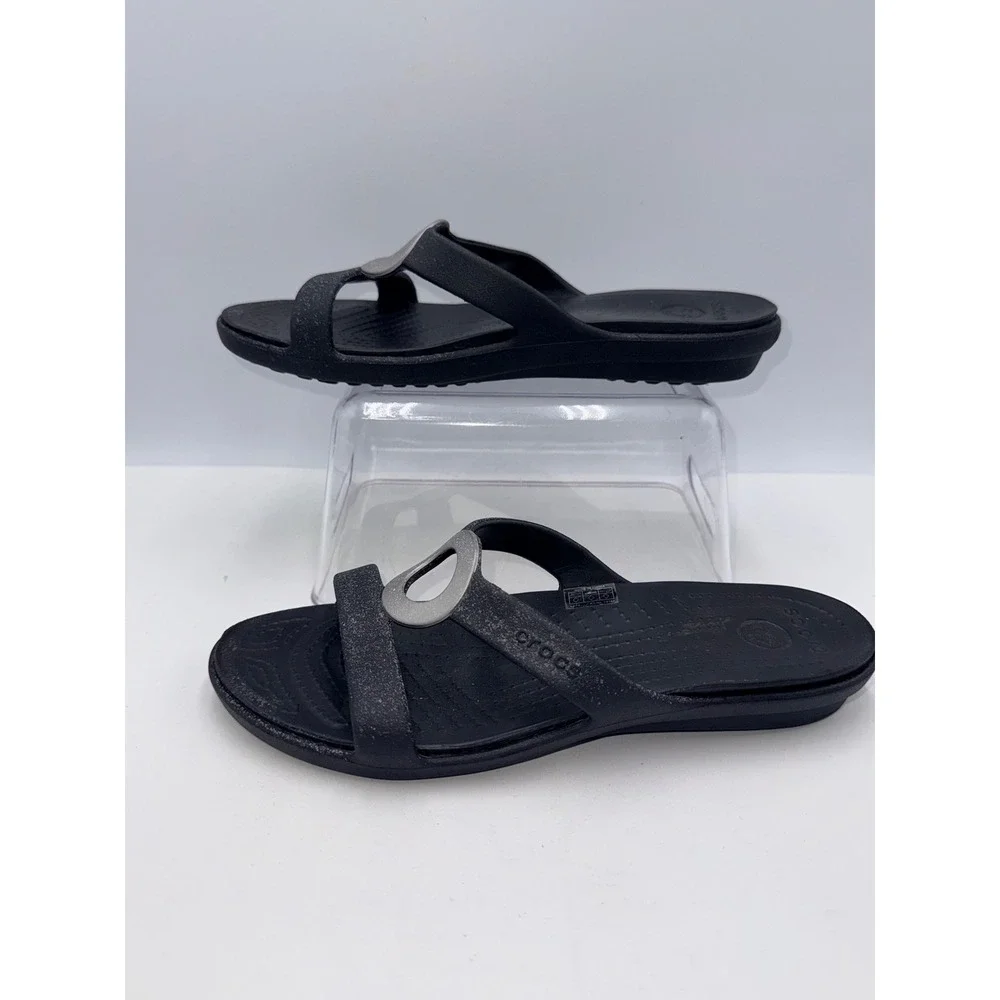 Crocs Sanrah Glitter Circle Sandal Womens Size 7 Black  Comfort Slides